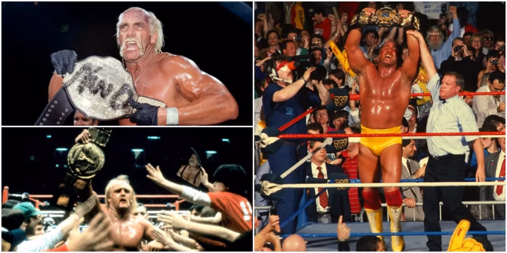 Hulk Hogan’s Full Championship Journey Across Wrestling Eras Hulk Hogan holding a championship belt, posing triumphantly in front of cheering wrestling fans.