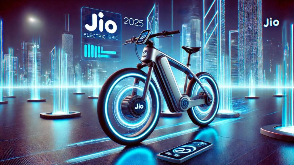Jio Electric Cycle 2025: Launch Timeline, Features, and Market Expectations Illustration of the rumored Jio Electric Cycle 2025 with smart dashboard and modern urban design.