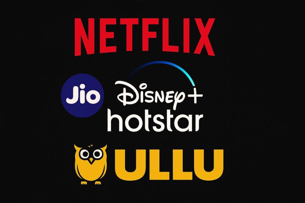 Streaming Prices May Soar in 2025 for Netflix, Hotstar & Ullu Users “Logos of Ullu, JioHotstar, and Netflix on a black background, representing OTT platforms in India.”