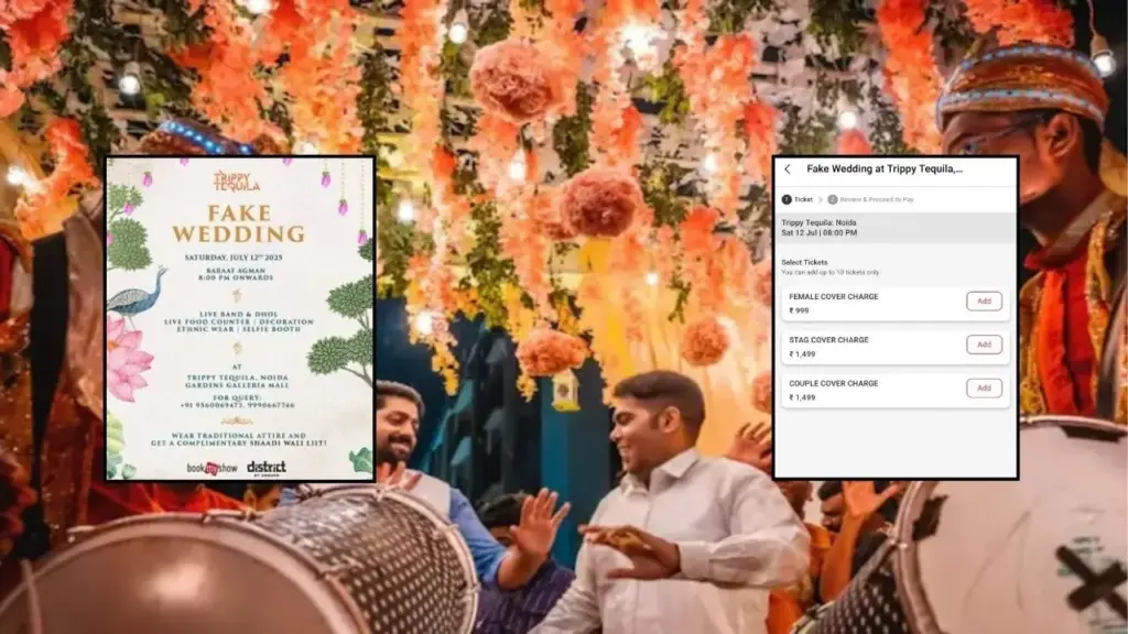 With no bride or groom, Noida’s viral event offered dhol, dancing, food, and full celebration. Guests dancing at Noida’s mock wedding event, featuring traditional decor, ethnic outfits, and dhol performers.