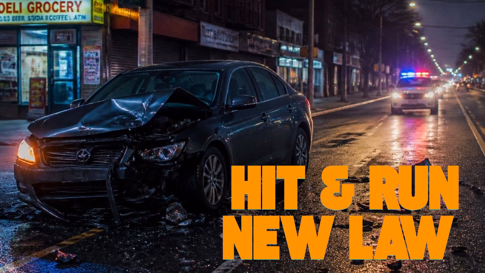 Hit and Run New Law India thumbnail showing a road accident scene, a judge's gavel, Bharatiya Nyaya Sanhita (BNS) book, and legal warning about penalties for fleeing an accident.